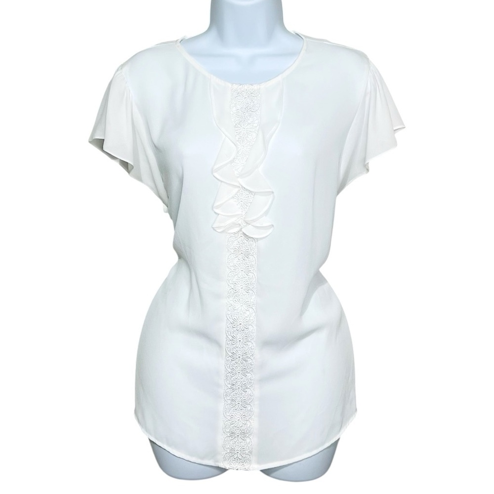 Tahari Women’s Top Size XL White Ruffle Detail Blouse